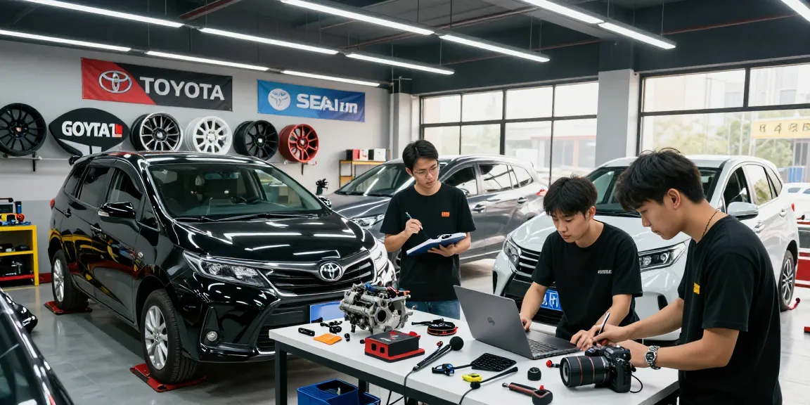Toyota Verso-Enthusiasten, die in einer gut beleuchteten Garagenwerkstatt an Fahrzeugmodifizierungen arbeiten.