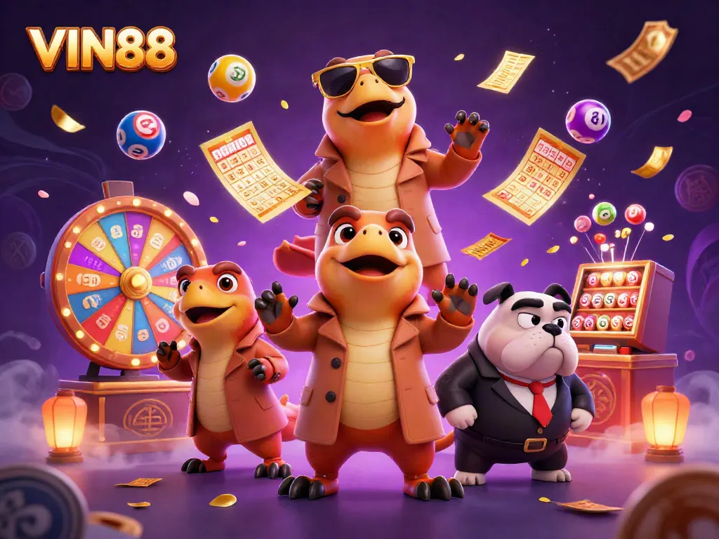 Experience VIN88 with raptors trying to enter a VIP casino, surrounded by dynamic lottery elements and vibrant prizes.