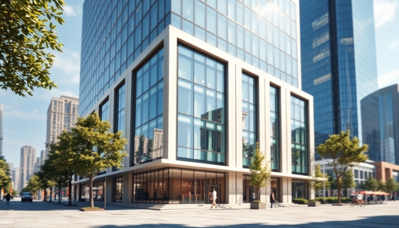 Architekturvisualisierung eines modernen Gebäudes mit urbanem Umfeld, helles Licht und klare Details.
