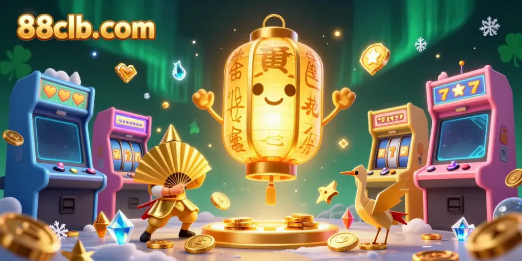 Engage in the excitement of 88clb-com with a vibrant 3D casino scene featuring colorful game elements and characters.