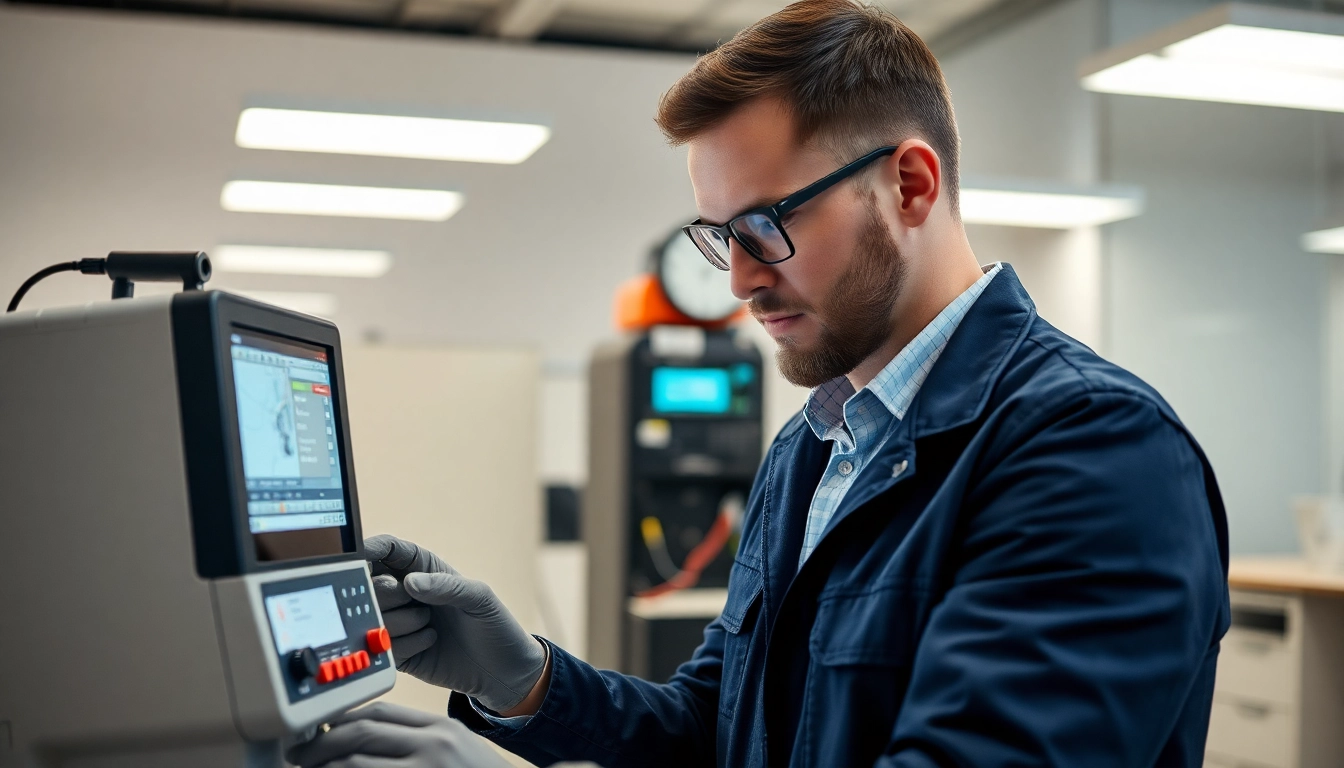 Prüfservice, bei dem ein Techniker sorgfältig elektrische Geräte in einem modernen Büro prüft.
