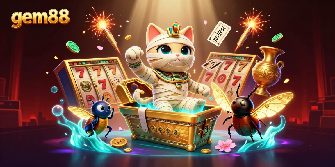 Experience the thrill of gem88 in a vibrant casino scene featuring a mummy cat, jackpot elements, and golden treasures.