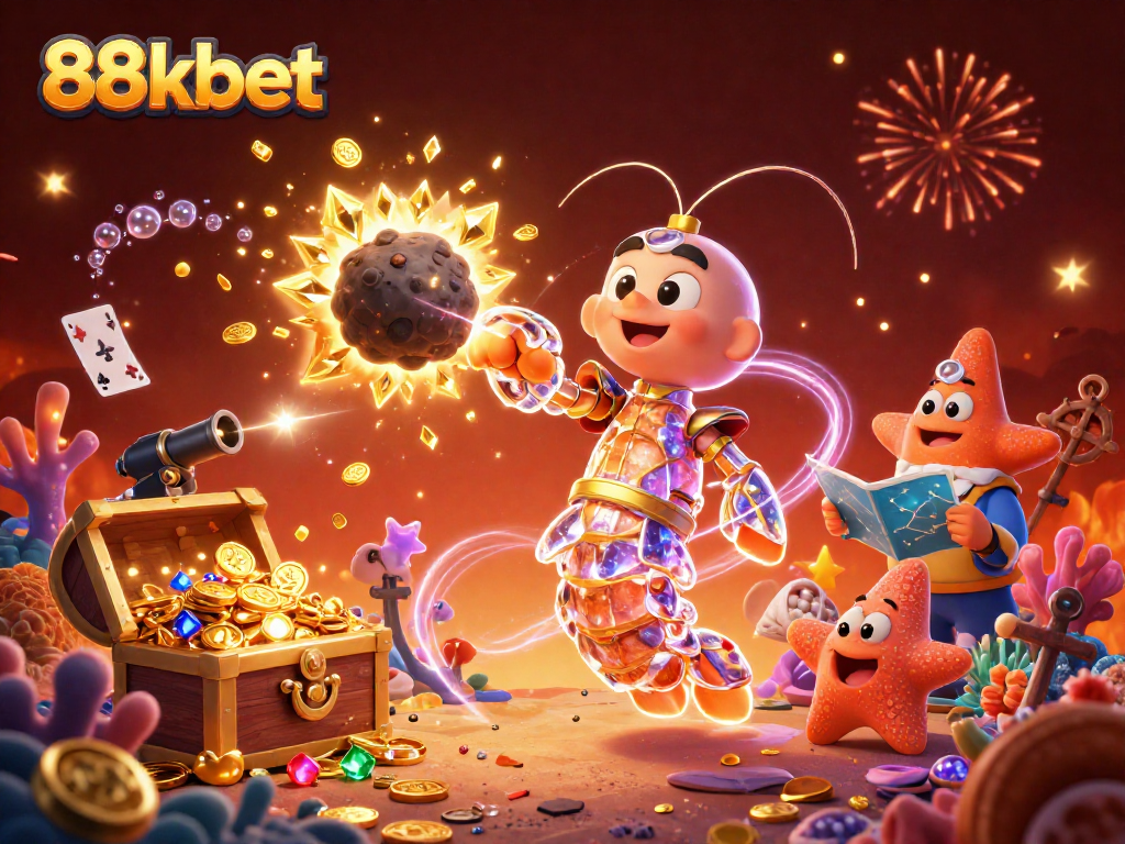 88kbet showcases a vibrant 3D scene of a mantis shrimp finding treasures in a dynamic casino underwater adventure.