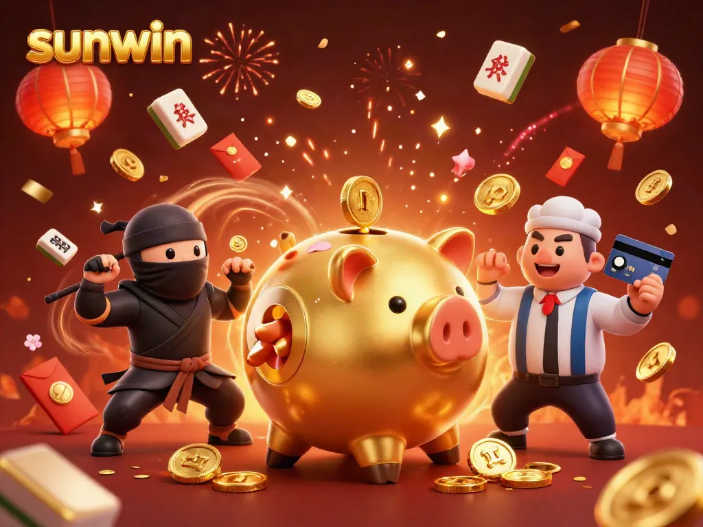 Enjoy the vibrant gaming atmosphere at sunwin, showcasing characters and festive elements in an energetic casino setting.