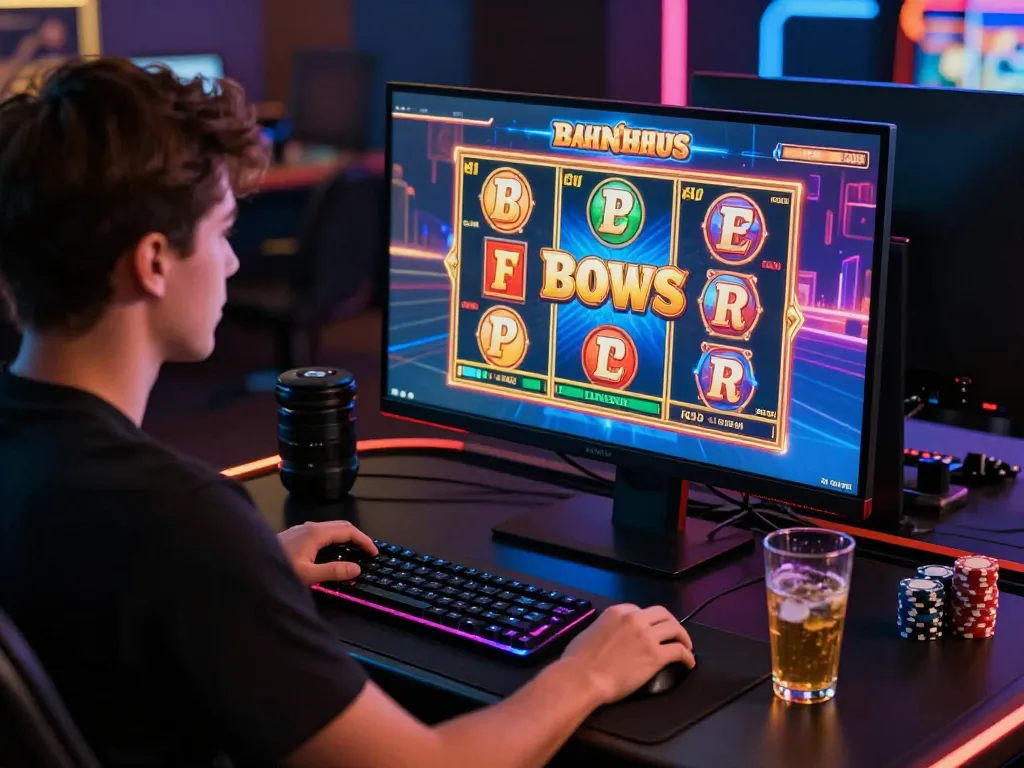 Exciting online gambling scene featuring a player engaged with aud77 casino games and vibrant graphics.
