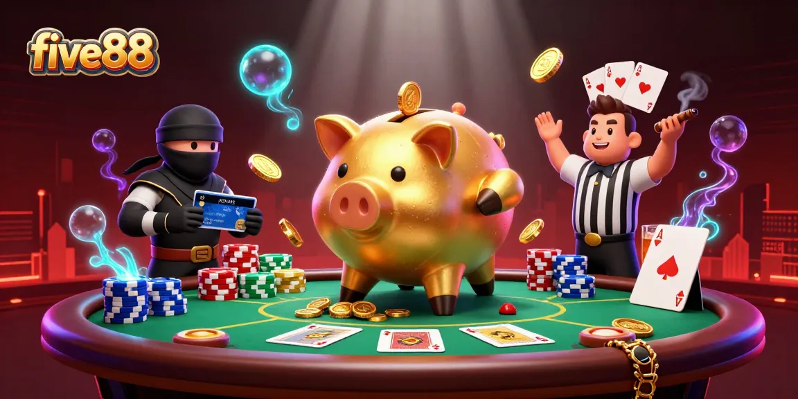 Join the fun with five88 as characters engage in a lively poker scene filled with golden coins and vibrant colors.