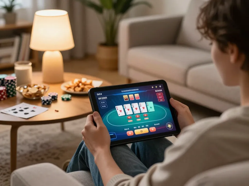 Engaging poker gameplay on a tablet in a cozy home setting with rikvip interface showing cards and chips