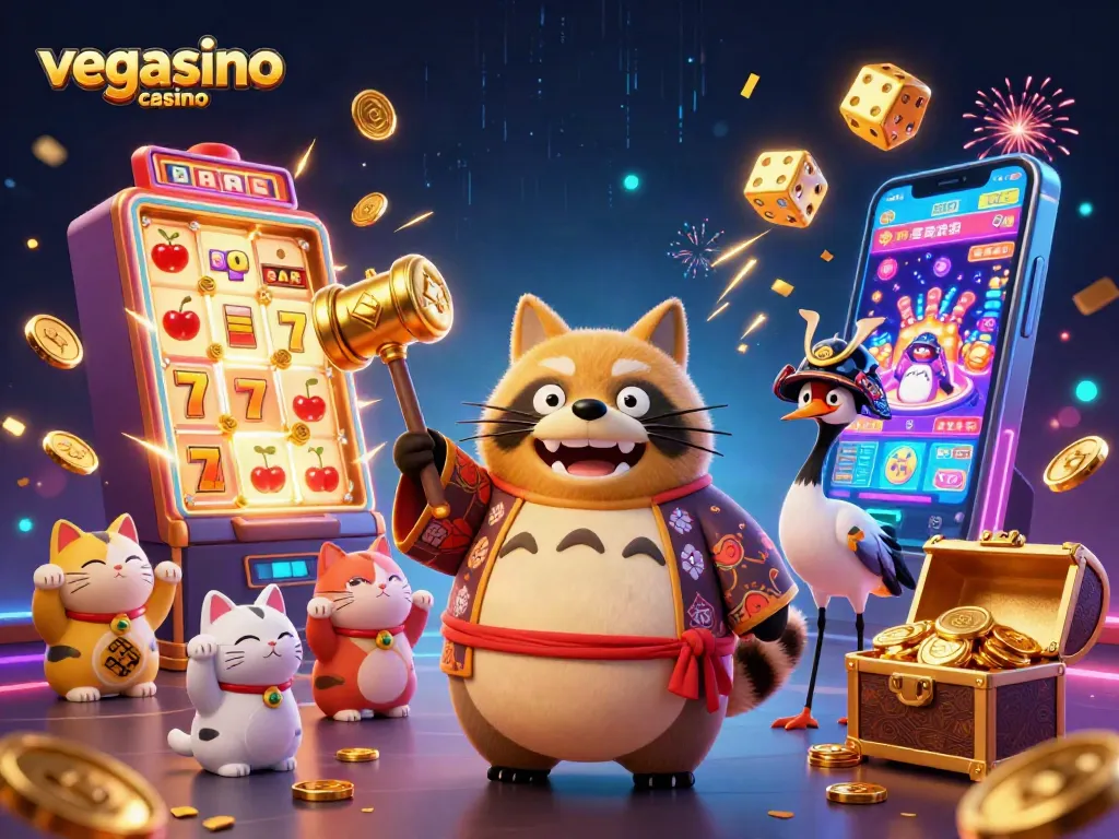 Experience the thrill of vegasino casino with vibrant robots, jackpots, and game elements in this stunning 3D illustration.