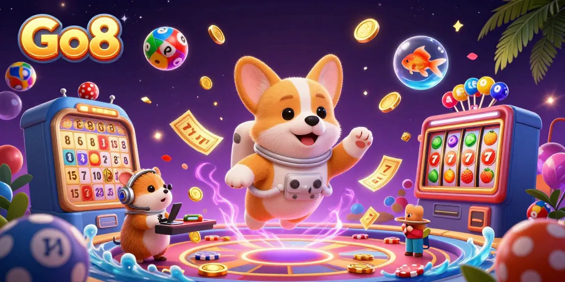 Experience the vibrant Go8 casino with a cartoon astronaut corgi, golden coins, and dynamic game elements.