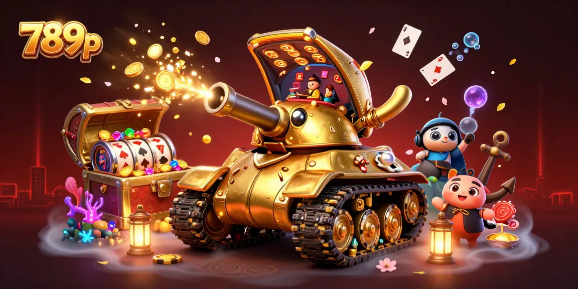 Experience excitement at 789p with a whimsical casino scene featuring a golden beetle tank and animated slot reels.