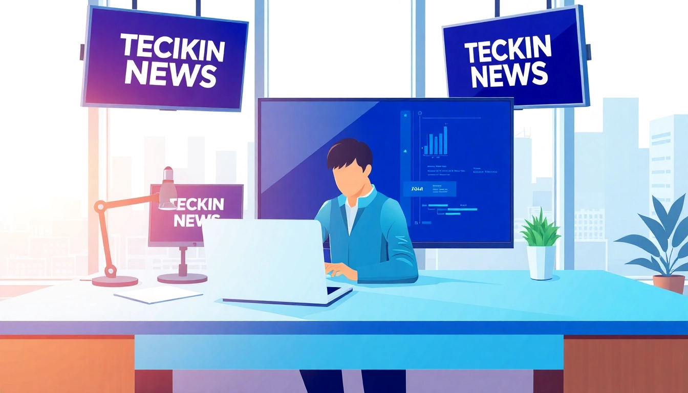 Aktuelle Technik News auf mehreren Bildschirmen in einem modernen Büro, während ein Journalist arbeitet.