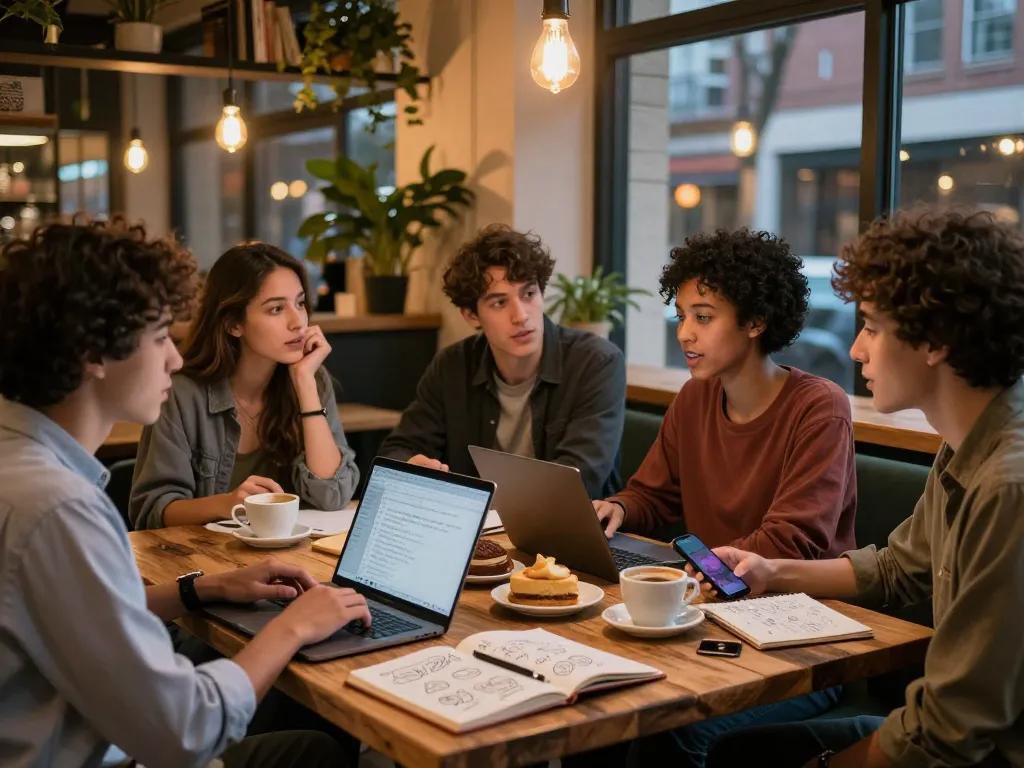 Engaging discussion on sexting AI in a cozy urban café setting.