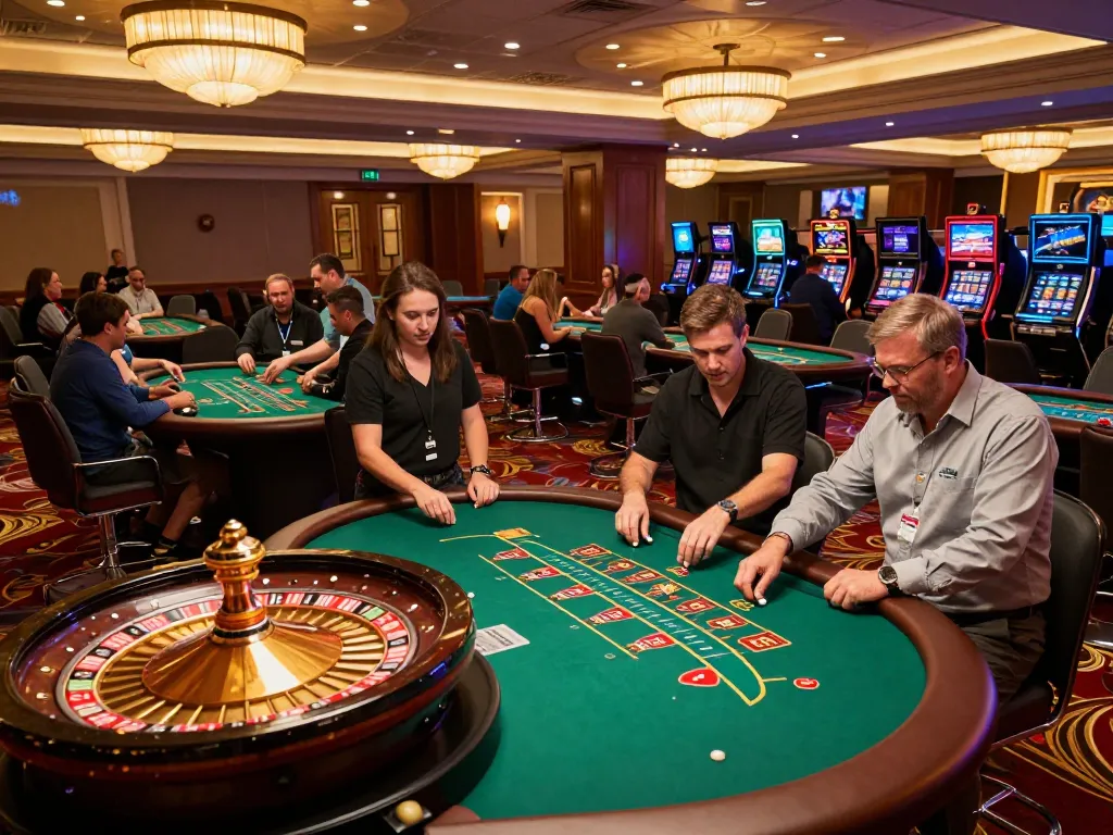 TWIN68 casino scene with players enjoying blackjack and roulette games under warm ambient lighting