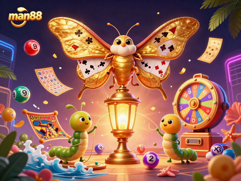 Engage with man88's vibrant casino scene featuring a golden-winged moth and dynamic lottery elements.