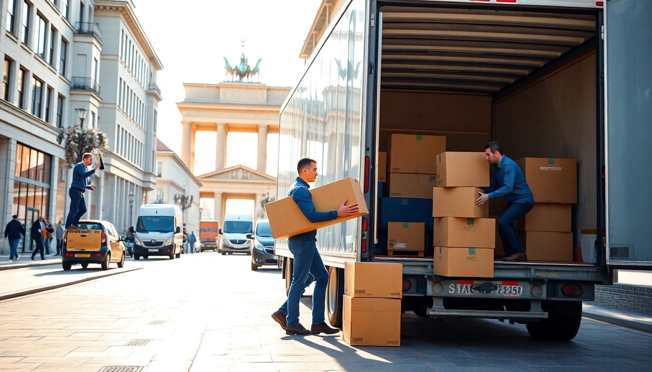 Kompetentes Berlin Umzugsunternehmen verpackt Möbel in einem modernen, urbanen Umfeld.