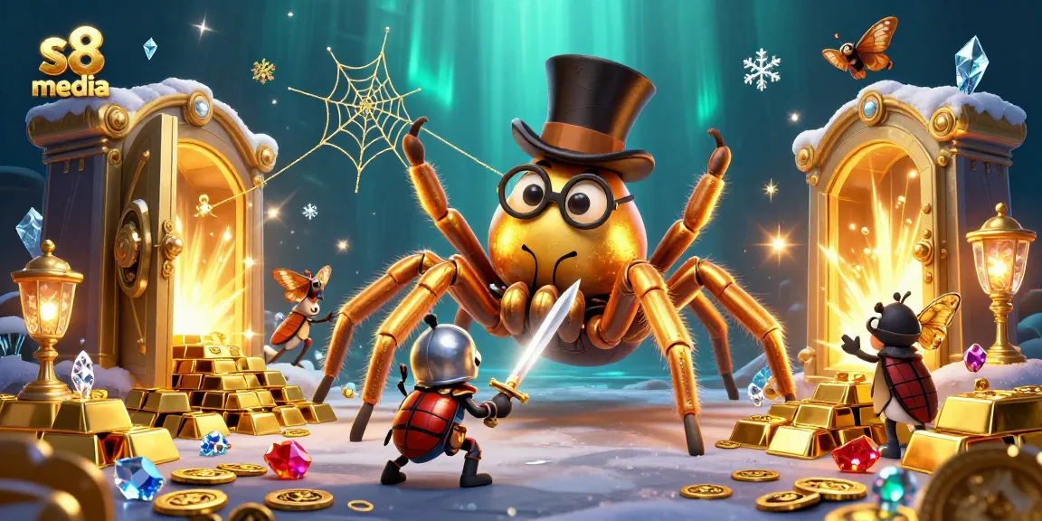 Spin the reels at s8 media while a golden tarantula weaves its web in a dynamic casino scene.