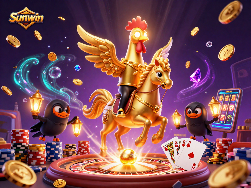 Experience the thrill of Sunwin casino with a vibrant 3D scene showcasing golden rooster and magical elements.