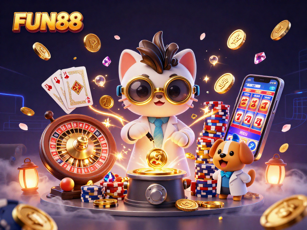 Experience the FUN88 excitement with a cartoon mad scientist cat creating a gold-coin machine in a vibrant casino scene.