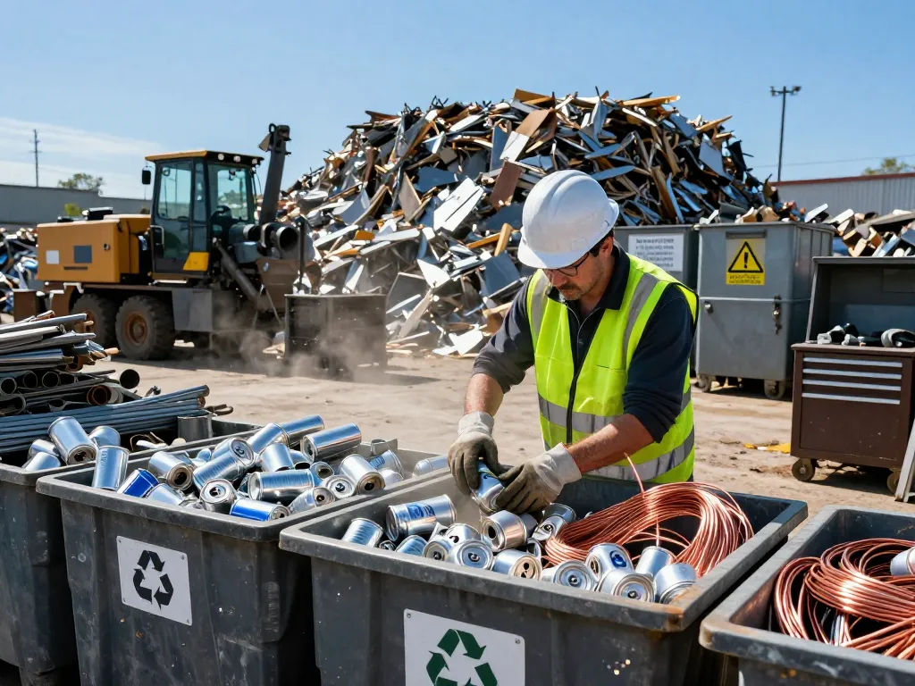 Schrotthändler sortieren Metallschrott in einem lebhaften Recyclinghof und zeigen Aluminium-, Stahl- und Kupferartikel.