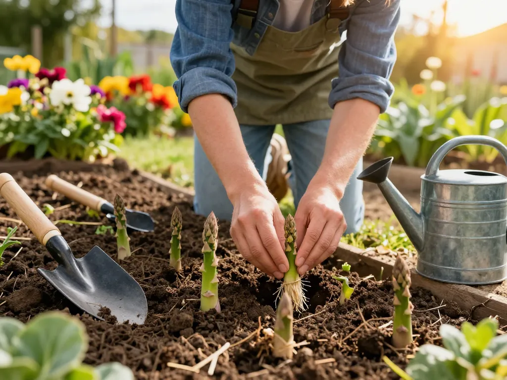 Spargel wurzeln kaufen for home gardens, showcasing a gardener planting asparagus roots with tools and vibrant flowers.