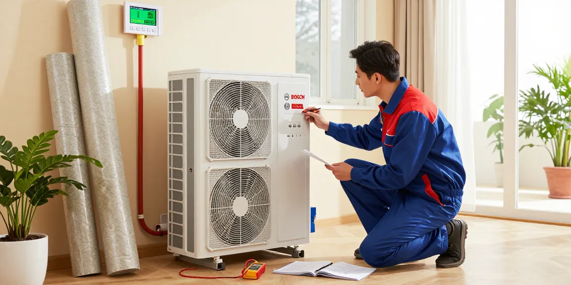 Technician inspecting a wärmepumpe bosch in a well-lit home, showcasing modern energy-efficient heating.