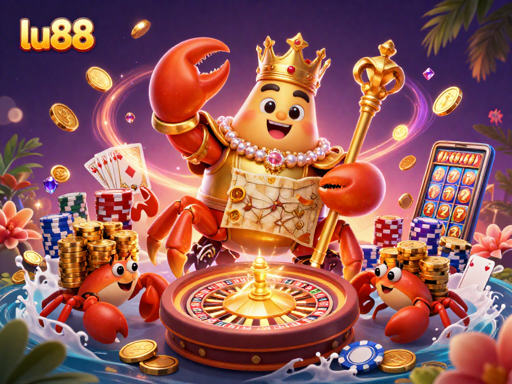 Experience the thrill of gaming at lu88, featuring a majestic golden crab emperor and cascading treasures.