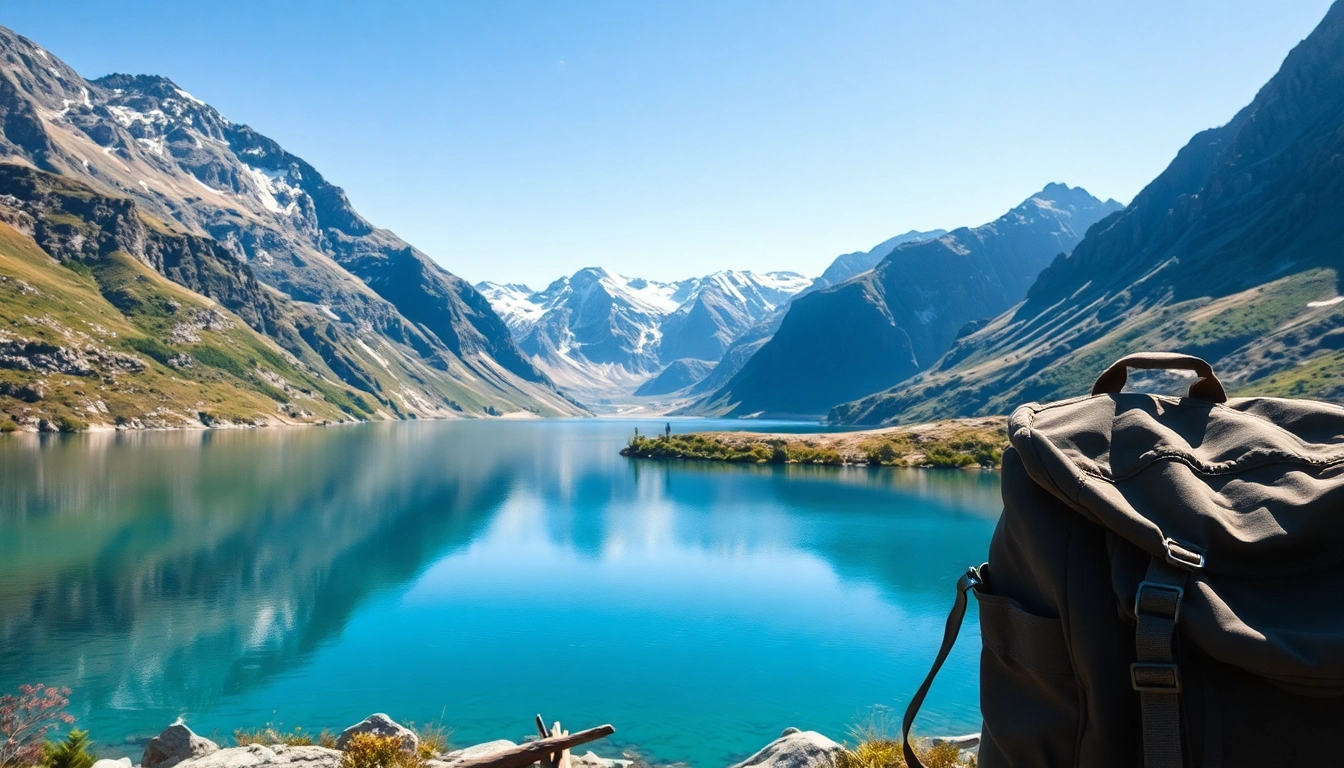Reiseinformationen für Reisende in einer malerischen Landschaft mit Bergen und See.