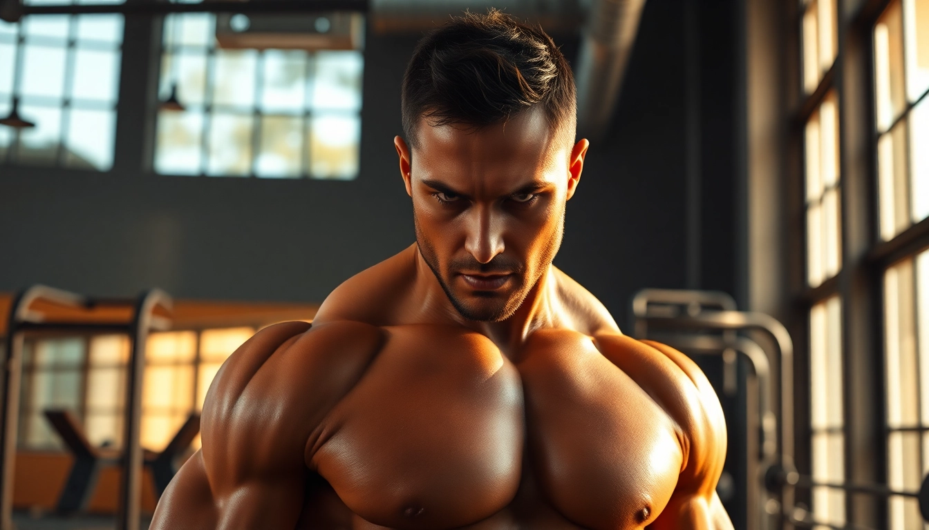 Trenbolon kaufen: Starker Athlet im Fitnessstudio mit intensiver Konzentration.