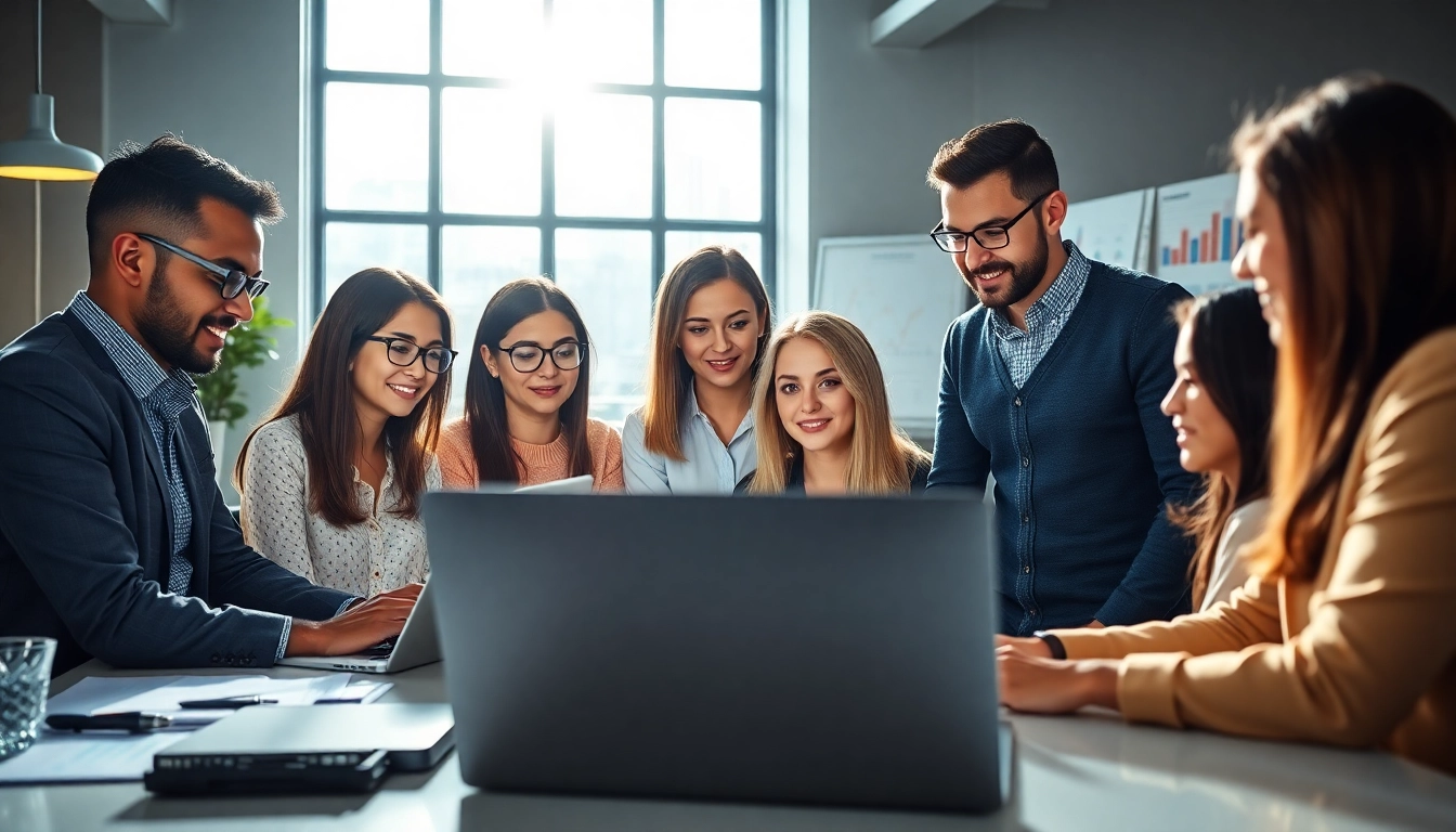 Optimieren Sie Ihre Strategie für Online Marketing mit einem engagierten Team in einer modernen Büroumgebung.