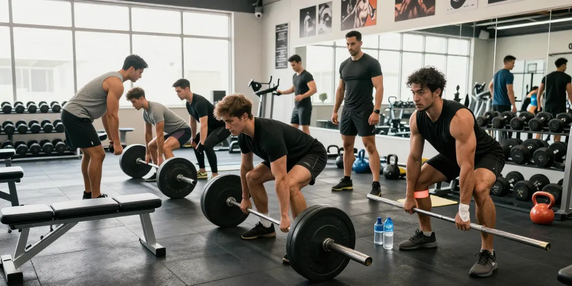 Umgebung des Anabolika Shops mit Bodybuildern, die gemeinsam trainieren, und damit Hingabe und Gemeinschaft in einem modernen Fitnessstudio zeigen.