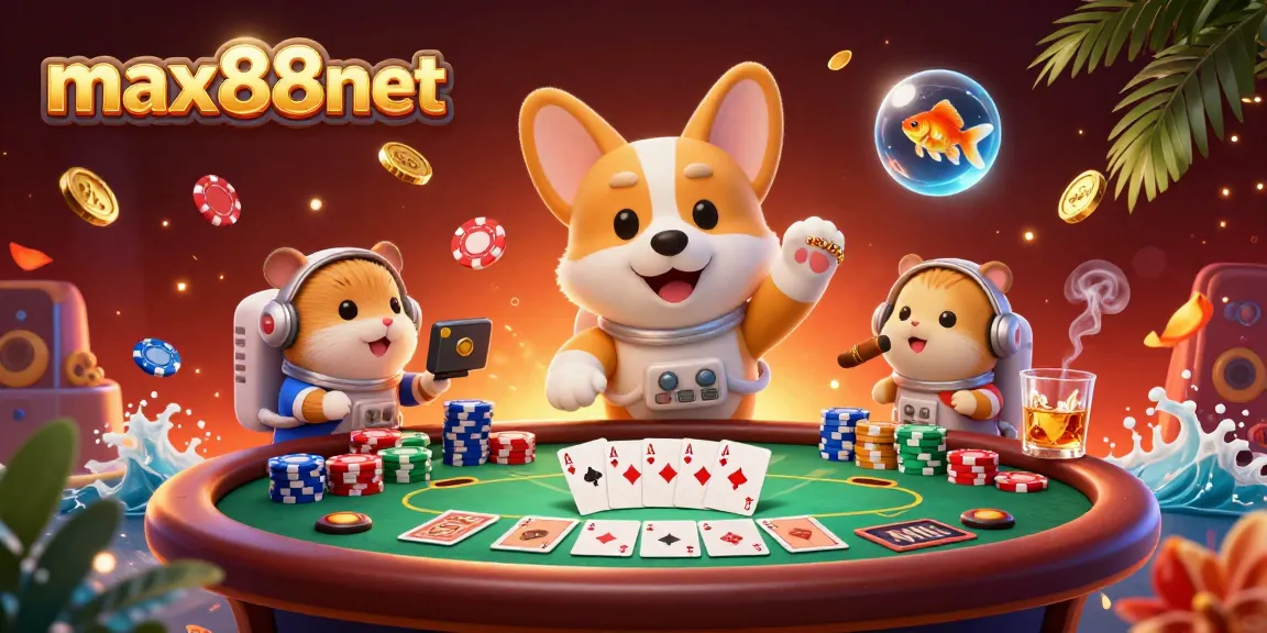Win big at max88net with floating poker chips, corgi astronaut, and thrilling casino fun!