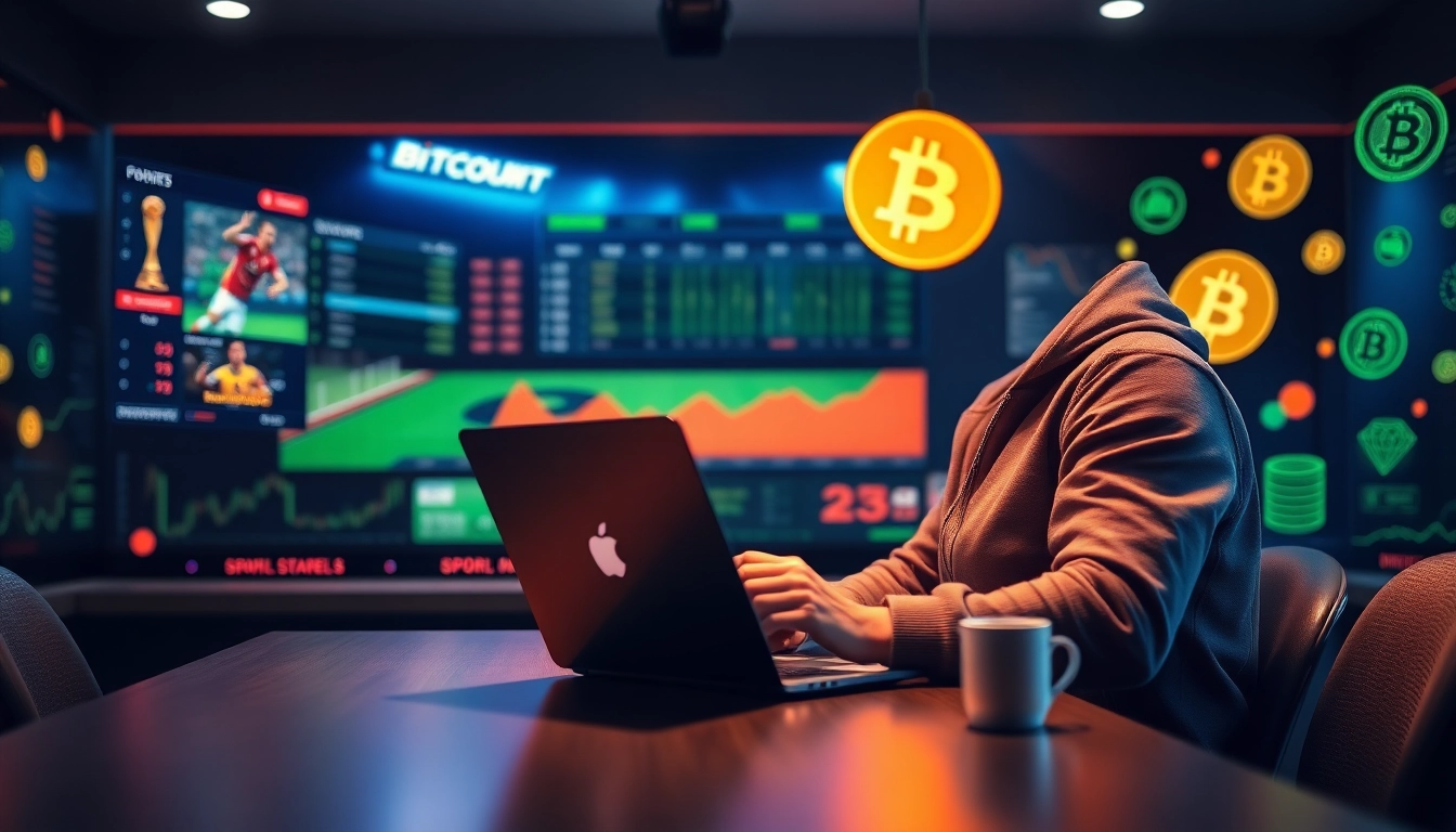 Entdecken Sie Football betting sites that accept bitcoin mit einem wettbegeisterten Spieler, der an einem Laptop arbeitet.