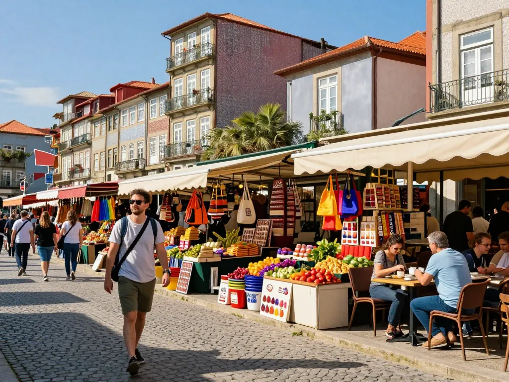 Reisetipps Porto, das lebendige Straßenszenen mit buntem Markt, lokalen Speisen und Reisenden, die den Charme von Porto genießen, festhält.