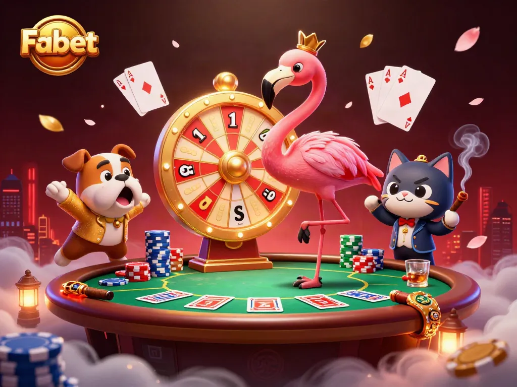 Engaging scene at Fabet where a flamingo host spins a prize wheel, surrounded by poker elements and joy.