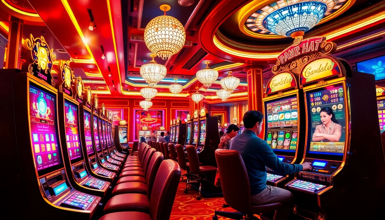 Play thrilling nổ hũ at a luxurious casino with vibrant slots, poker chips, and excitement.
