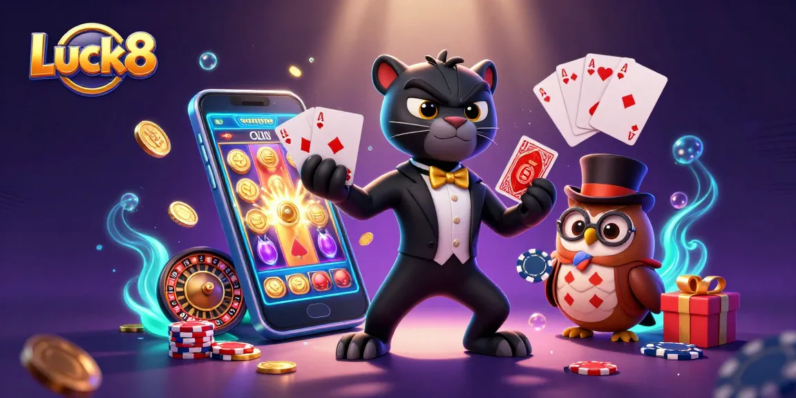 Luck8 brings excitement to the casino world as the panther deals cards elegantly in a vibrant gaming scene.
