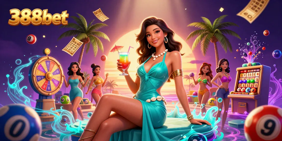 Experience the excitement of 388bet with a glamorous tropical casino scene showcasing vibrant games.