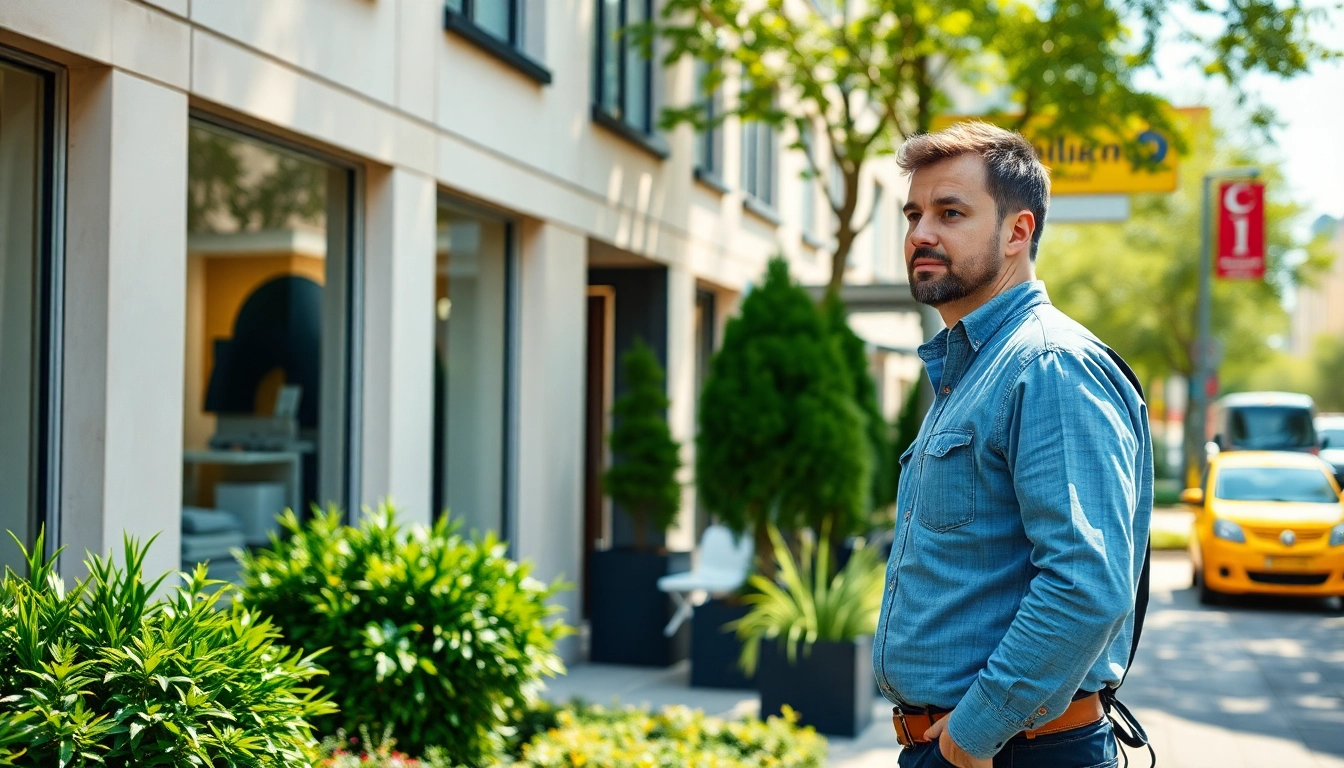 Der hausmeister in münchen überprüft ein Gebäude in einer urbanen Umgebung mit gepflegtem Grün.