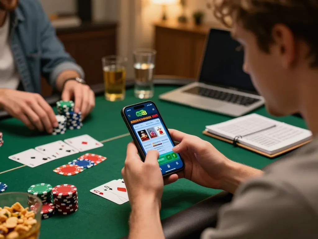 Engaging player strategizing on Go88 app during a home poker night.