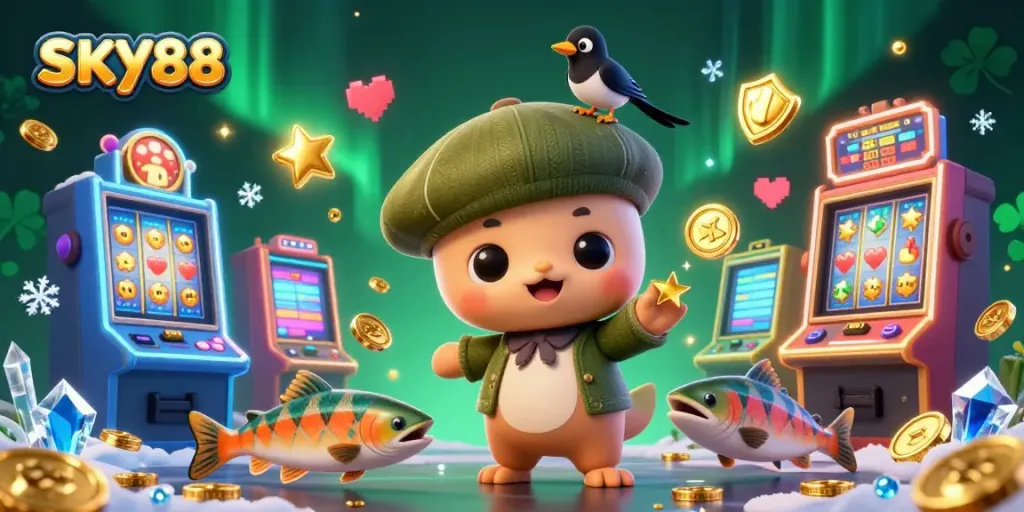 Experience the thrill of winning at SKY88 with animated slot machines, playful characters, and vibrant casino elements.