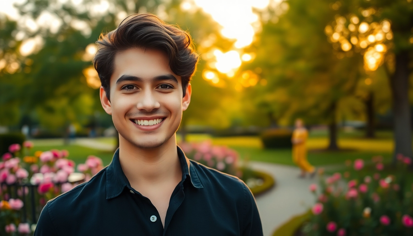 Dating fotograf für tinder bilder, lächelnder junger Erwachsener in blühendem Park