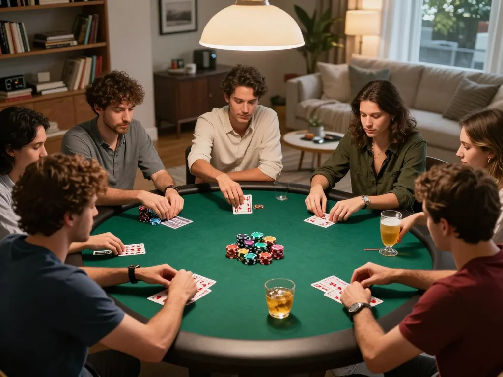Engaged friends playing poker at home, enjoying a vibrant game session with 99win's atmosphere.