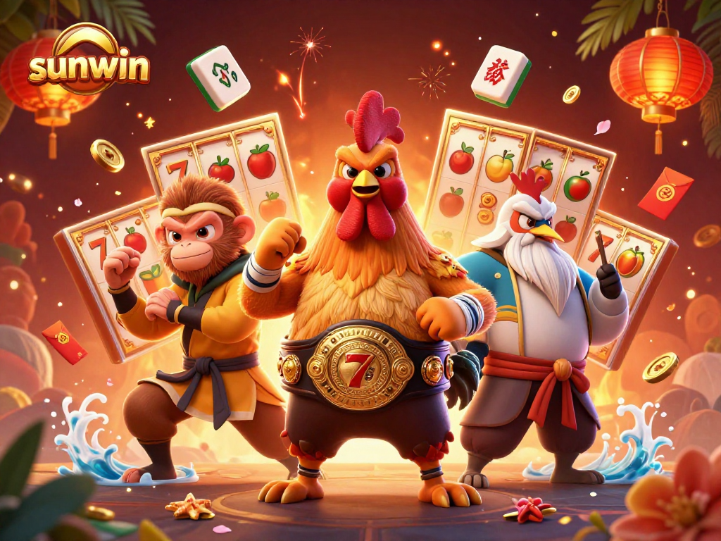 Play thrilling slot games at sunwin alongside majestic characters in a vibrant, festive setting.