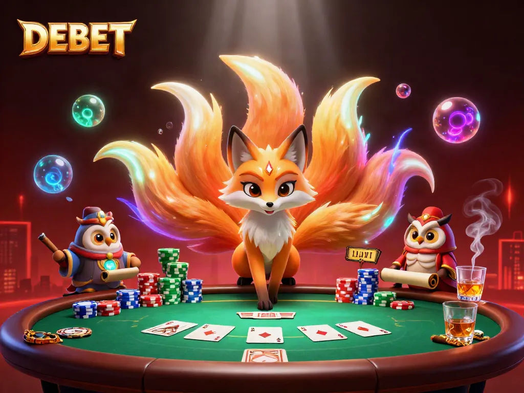 Engage in thrilling casino action with DEBET, featuring vibrant gaming characters amidst poker chips and cards.