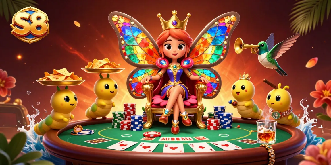 Engage with S8 as the butterfly queen presides over a vibrant gambling scene full of poker excitement.