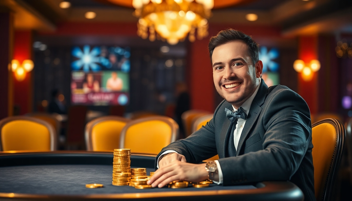 Spiele mit einem Casino Bonus und gewinne große Preise in einem festlichen Casino-Ambiente.