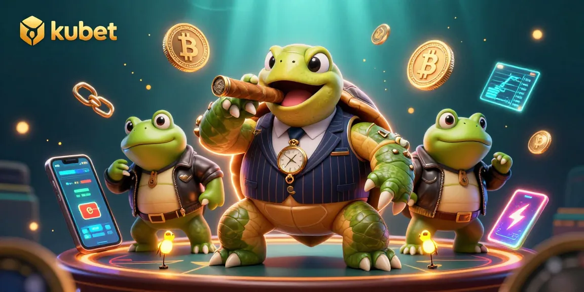 Engage with kubet in a vibrant 3D casino scene featuring a snapping turtle in a mobster suit.