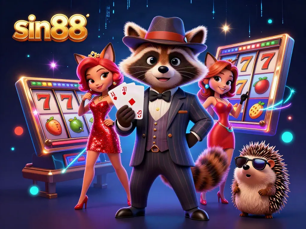 Experience thrilling gameplay with sin88, featuring a raccoon, fox, and hedgehog in a vibrant casino scene.