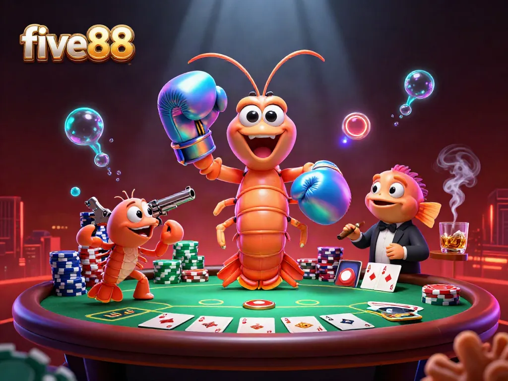 Engage with five88 through this vibrant poker scene featuring cartoon shrimp characters in a dynamic casino environment.