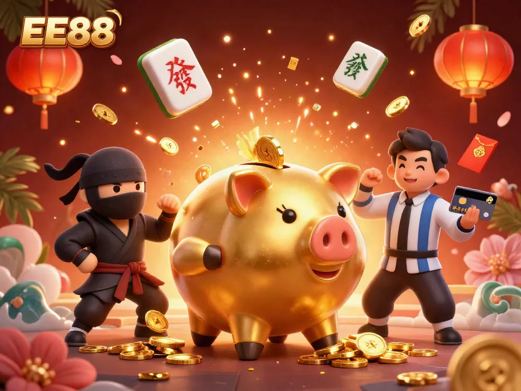 EE88's promotional illustration featuring dynamic casino elements and vibrant characters in a rich gaming environment.
